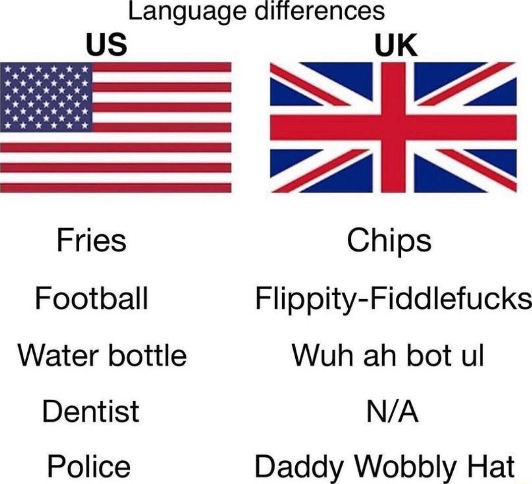 Language diirerences UK N L T A Fries Chips Football Flippity Fiddlefucks Water bottle Wuh ah bot ul Dentist NA Police Daddy Wobbly Hat
