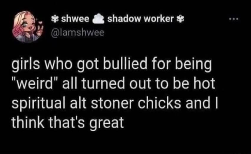 shwee shadow worker lamshwee girls who got bullied for being weird all turned out to be hot spiritual alt stoner chicks and think thats great