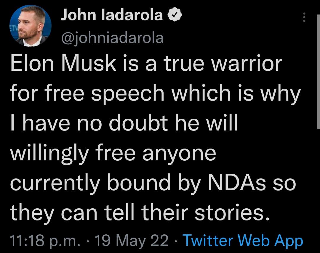 John ladarola w9 johniadarola Elon Musk is a true warrior for free speech which is why have no doubt he will W EAATCER T o1 oIUIGTa1uYA olo 0 glo M oA NI DYAVK o they can tell their stories LR S oM o W Fe I Y VA b VYN TR VAVLT o WY o o