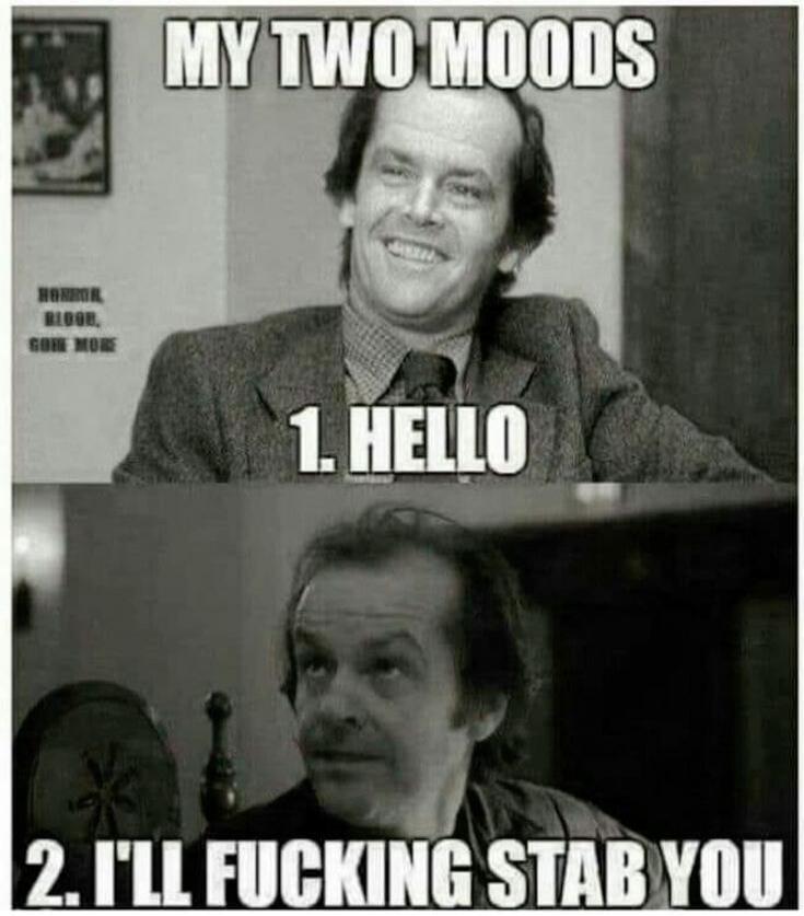 MY TWO MOODS 1. HELLO 2. I'LL FUCKING STAB YOU HUMOR, BLOOD, GORE MORE