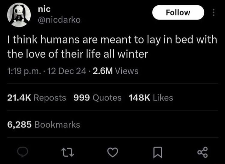 GRITET b think humans are meant to lay in bed with the love of their life all winter 119 pm 12 Dec 24 26M Views pARL QERCEEN RelIGIEERR I GRS 6285 Bookmarks 2 V A L