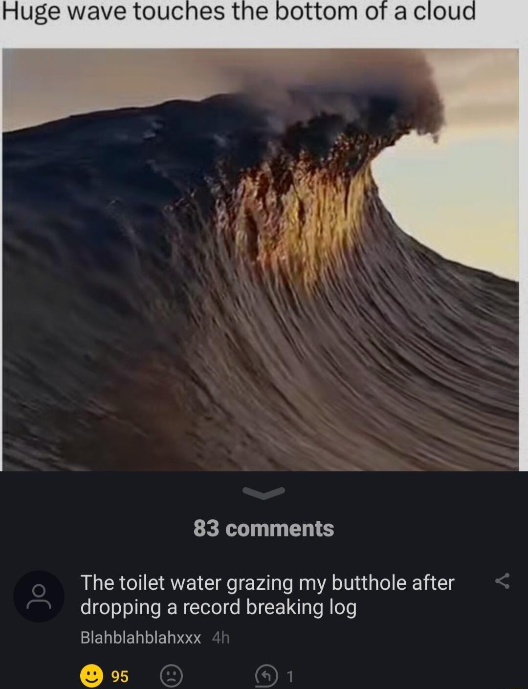 Huge wave touches the bottom of a clou 83 comments The toilet water grazing my butthole after dropping a record breaking log Blahblahblahxxx s