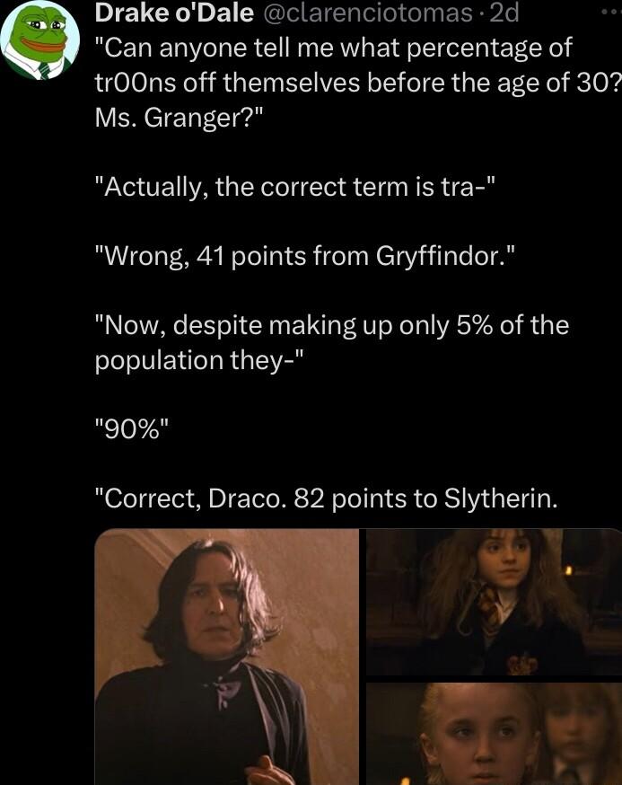Drake oDale clarenciotomas 2d Can anyone tell me what percentage of tr0O0ns off themselves before the age of 307 Ms Granger Actually the correct term is tra Wrong 41 points from Gryffindor Now despite making up only 5 of the population they 190 Correct Draco 82 points to Slytherin h
