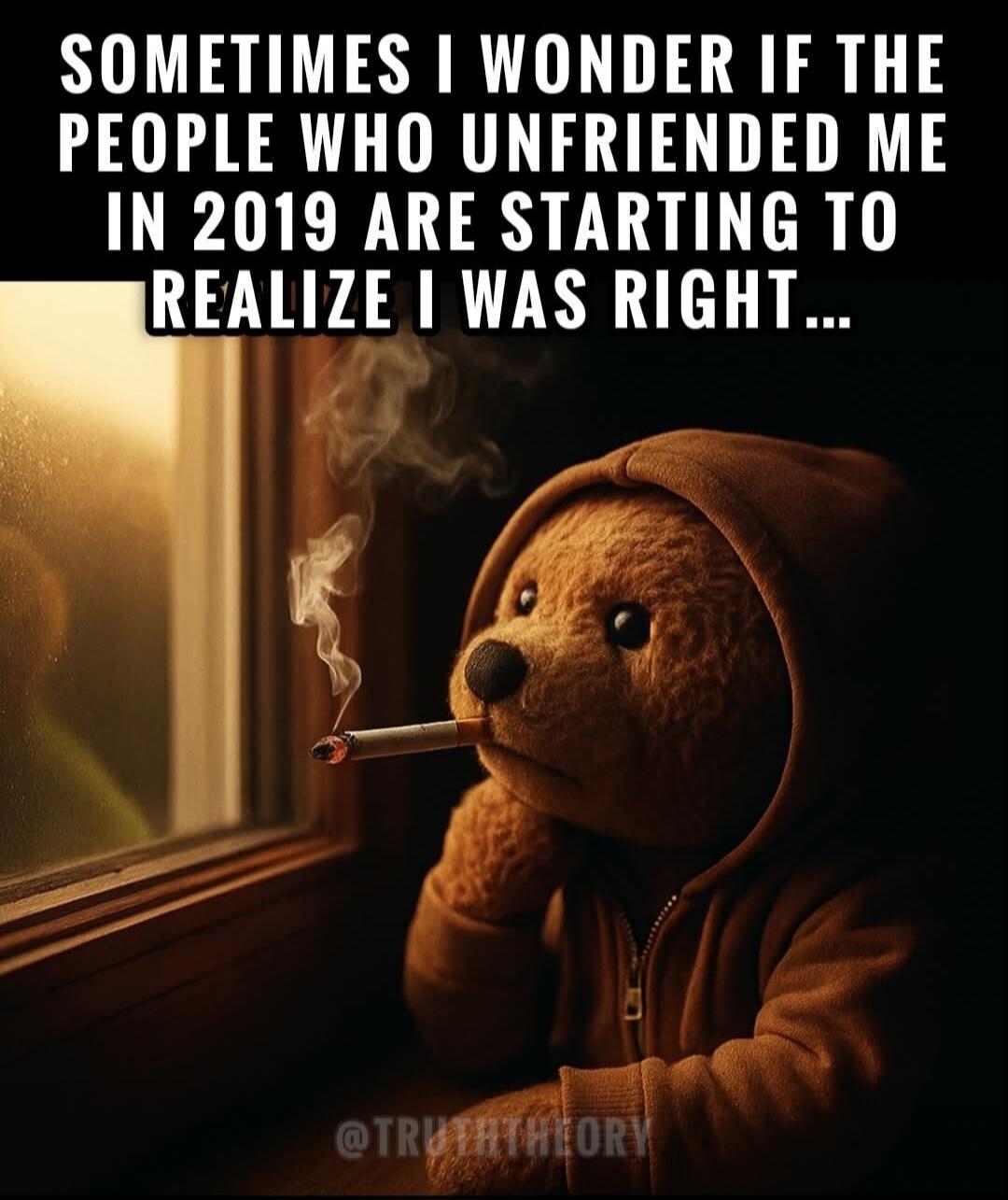 SOMETIMES I WONDER IF THE PEOPLE WHO UNFRIENDED ME IN 2019 ARE STARTING TO REALIZE I WAS RIGHT...
