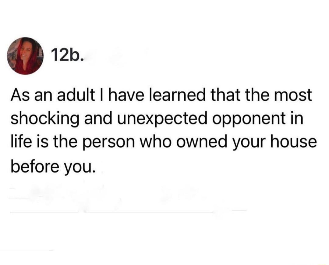 12b. As an adult I have learned that the most shocking and unexpected opponent in life is the person who owned your house before you.