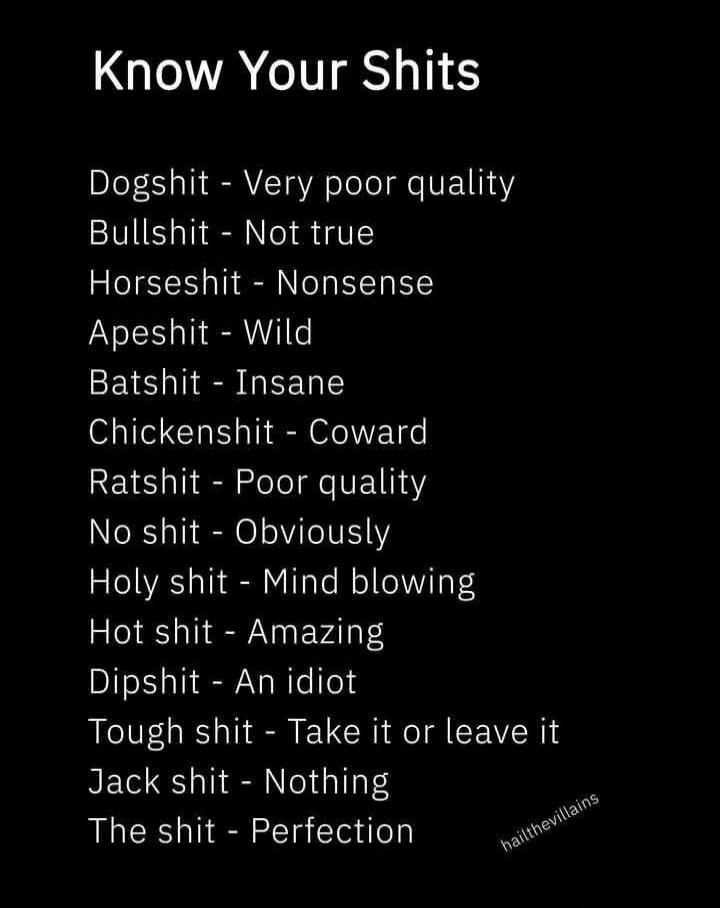 Know Your Shits Dogshit - Very poor quality Bullshit - Not true Horseshit - Nonsense Apeshit - Wild Batshit - Insane Chickenshit - Coward Ratshit - Poor quality No shit - Obviously Holy shit - Mind blowing Hot shit - Amazing Dipshit - An idiot Tough shit - Take it or leave it Jack shit - Nothing The shit - Perfection