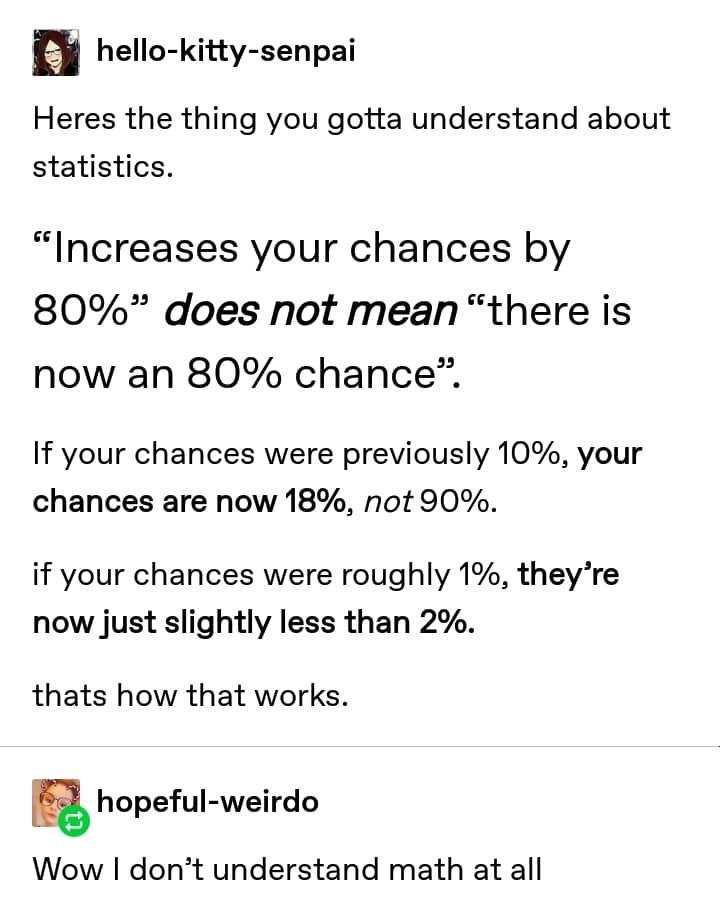 B hello kitty senpai Heres the thing you gotta understand about statistics Increases your chances by 80 does not mean there is now an 80 chance If your chances were previously 10 your chances are now 18 not 90 if your chances were roughly 1 theyre now just slightly less than 2 thats how that works hopeful weirdo Wow dont understand math at all