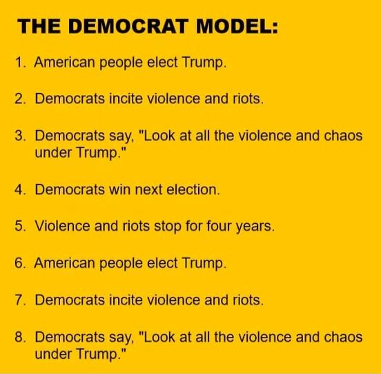 THE DEMOCRAT MODEL:

1. American people elect Trump.
2. Democrats incite violence and riots.
3. Democrats say, 
