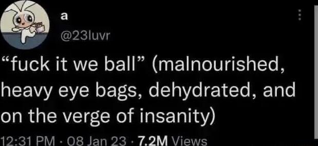 a 23luvr fuck it we ball malnourished heavy eye bags dehydrated and R GERVENCR ORI EET Y 1231 PM OR8 Jan 23 72M Views