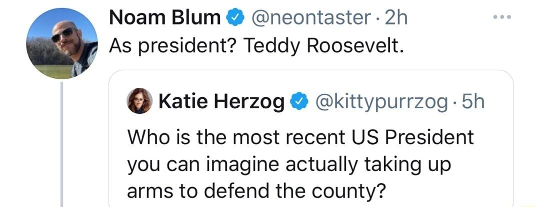 Noam Blum neontaster 2h As president Teddy Roosevelt Katie Herzog kittypurrzog 5h Who is the most recent US President you can imagine actually taking up arms to defend the county