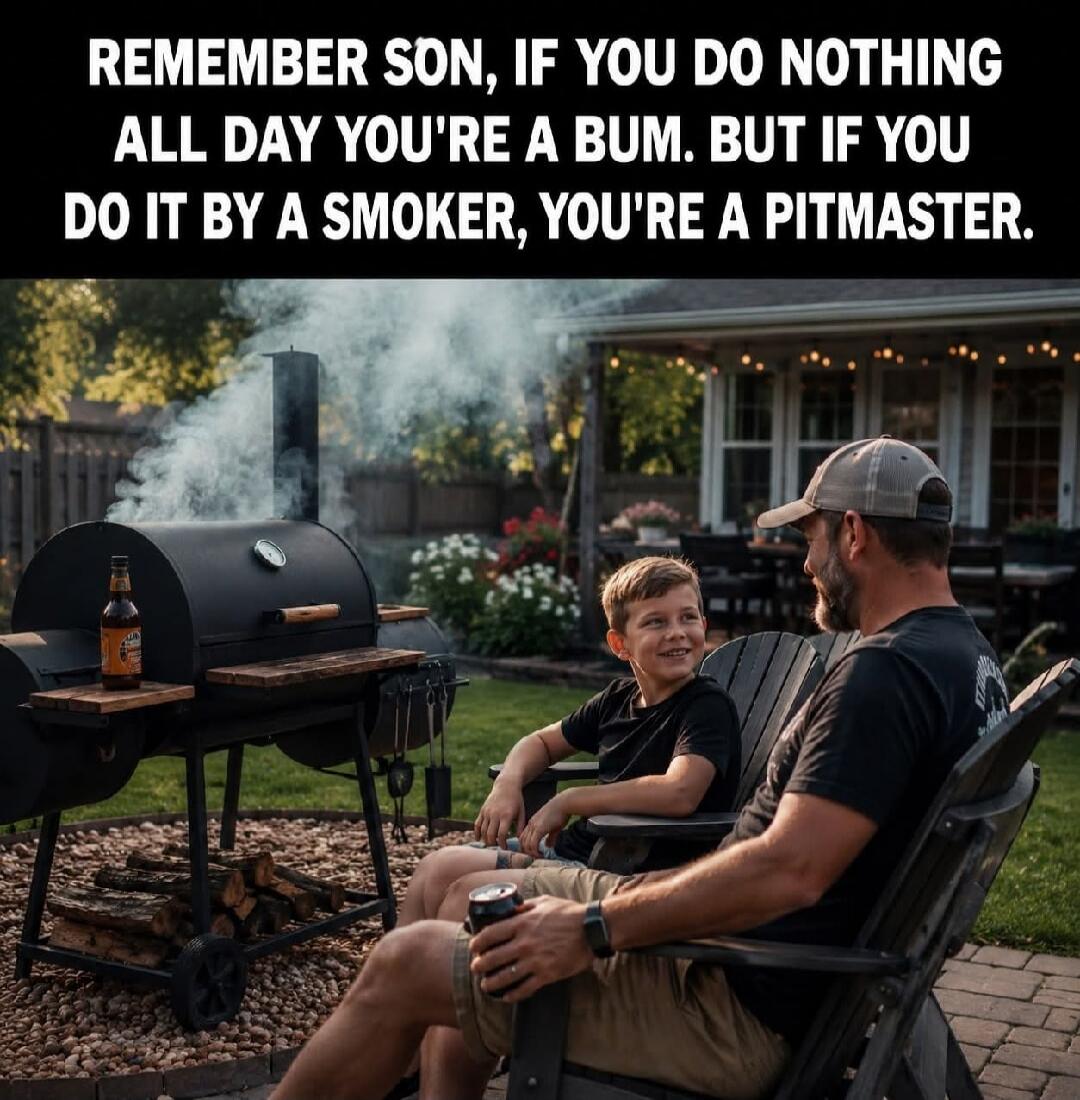 REMEMBER SON, IF YOU DO NOTHING ALL DAY YOU'RE A BUM. BUT IF YOU DO IT BY A SMOKER, YOU'RE A PITMASTER.