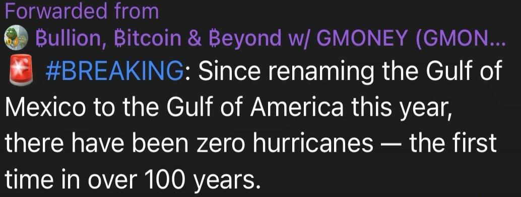 #BREAKING: Since renaming the Gulf of Mexico to the Gulf of America this year, there have been zero hurricanes — the first time in over 100 years.