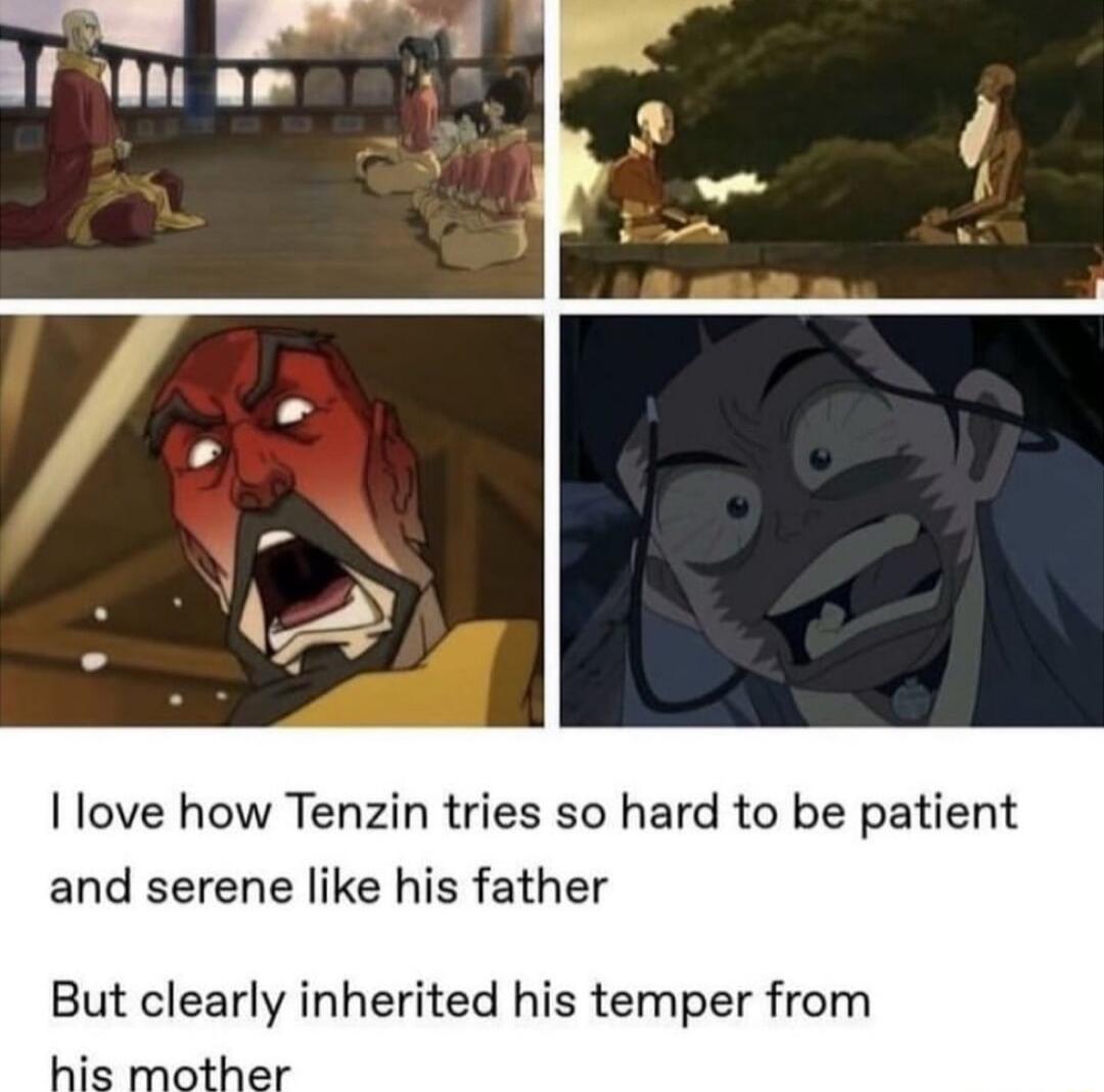 love how Tenzin tries so hard to be patient and serene like his father But clearly inherited his temper from