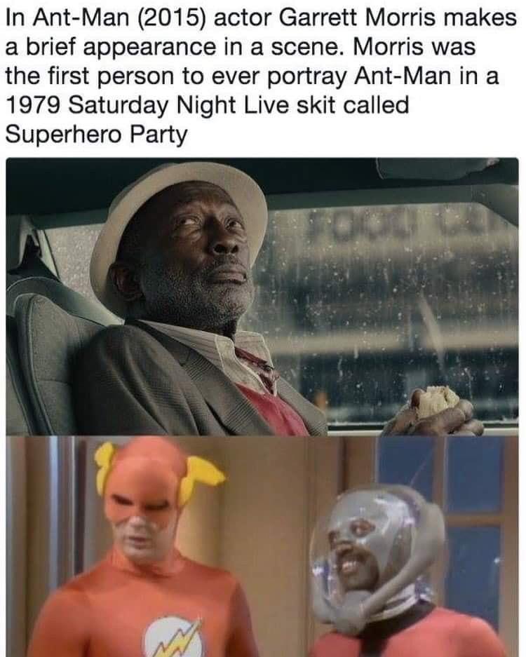 In Ant Man 2015 actor Garrett Morris makes a brief appearance in a scene Morris was the first person to ever portray Ant Man in a 1979 Saturday Night Live skit called Superhero Party