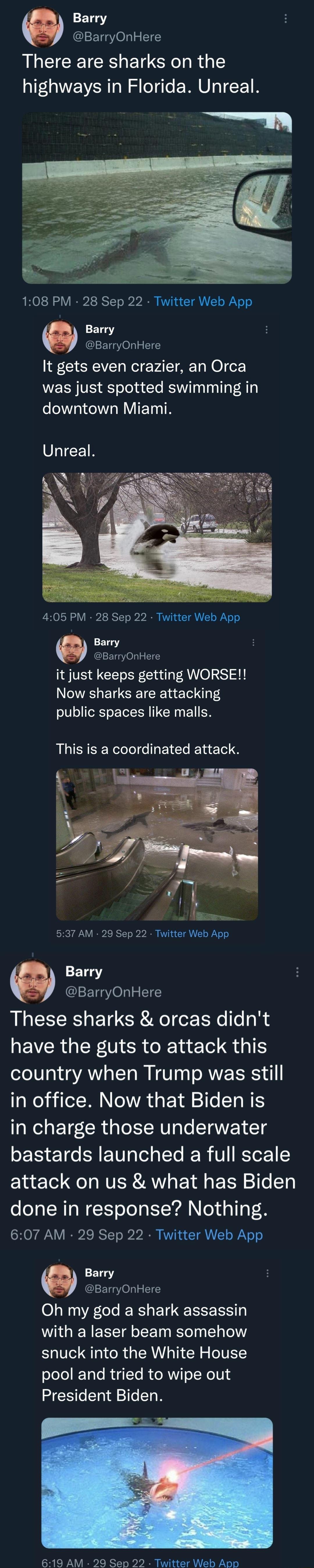 E15 N BarryOnHere There are sharks on the highways in Florida Unreal 108 PM 28 Sep 22 Twitter Web App Barry BarryOnHere It gets even crazier an Orca WEENVE S oTeuete BSWTyaTosTaF A 1 TV IET VLIETN 405 PM 28 Sep 22 Twitter Web App Barry 9 BarryOnHere VS EICELER Clail g1y i 1 Now sharks are attacking public spaces like malls LS EERCIGHEICEENERS Ir Ul 537 AM 29 Sep 22 Twitter Web App E137 CLEETGO LI 