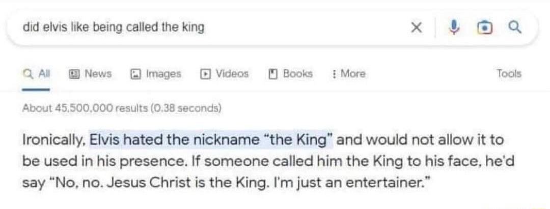 did elvs ke being called the king x Q QM Whew Do Dk oos Mo Toon Abcut 45500000 st 03 seconc Ironically Eivis hated the nickname the King and wouid not allow it to be used in his presence If someone called him the King to his face hed say No no Jesus Christ is the King m just an entertainer