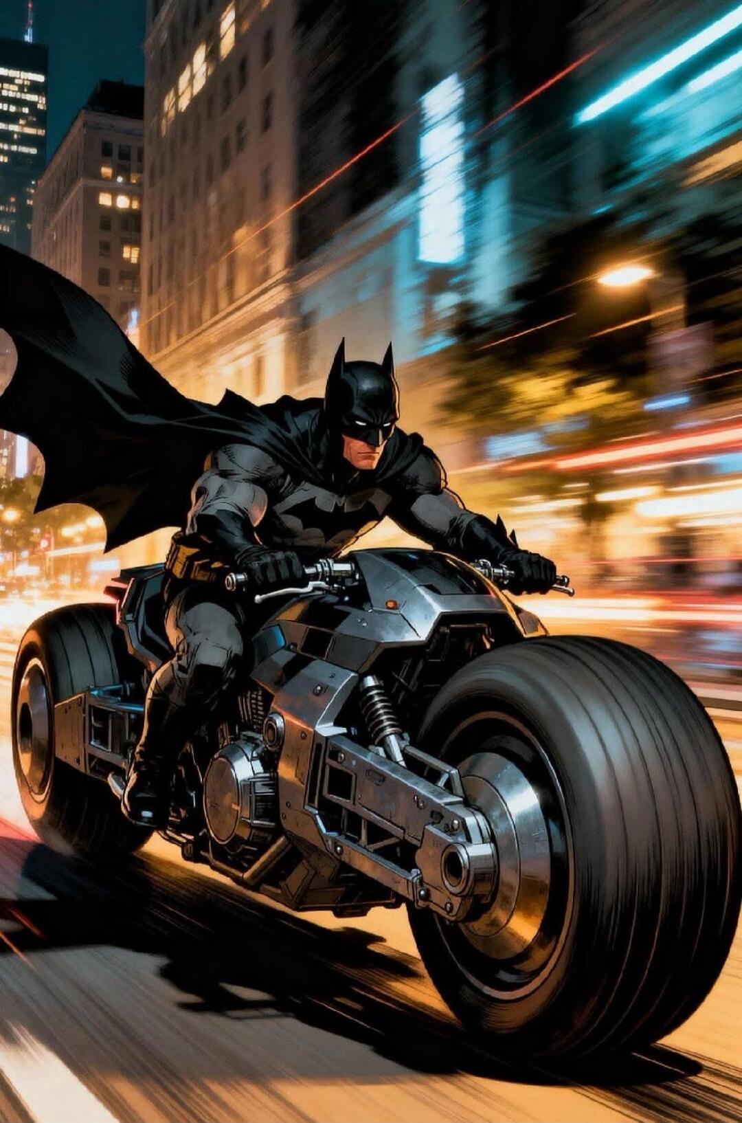 Batman riding a futuristic motorcycle through a blurred city street at night.