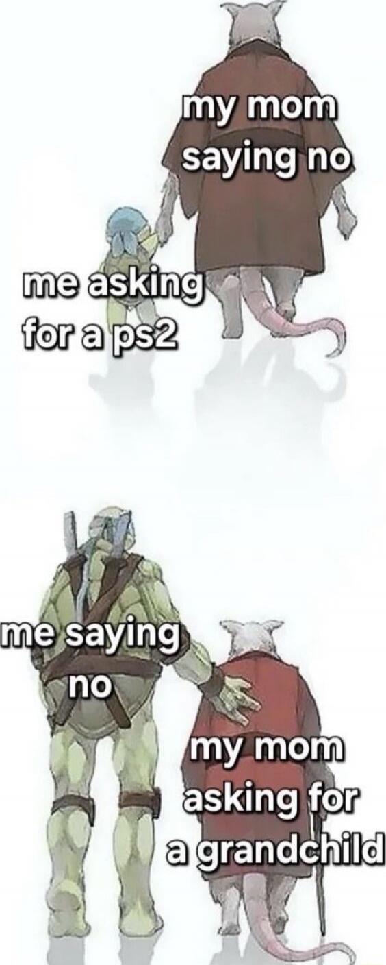 my mom saying no
me asking for a ps2

me saying no
my mom asking for a grandchild