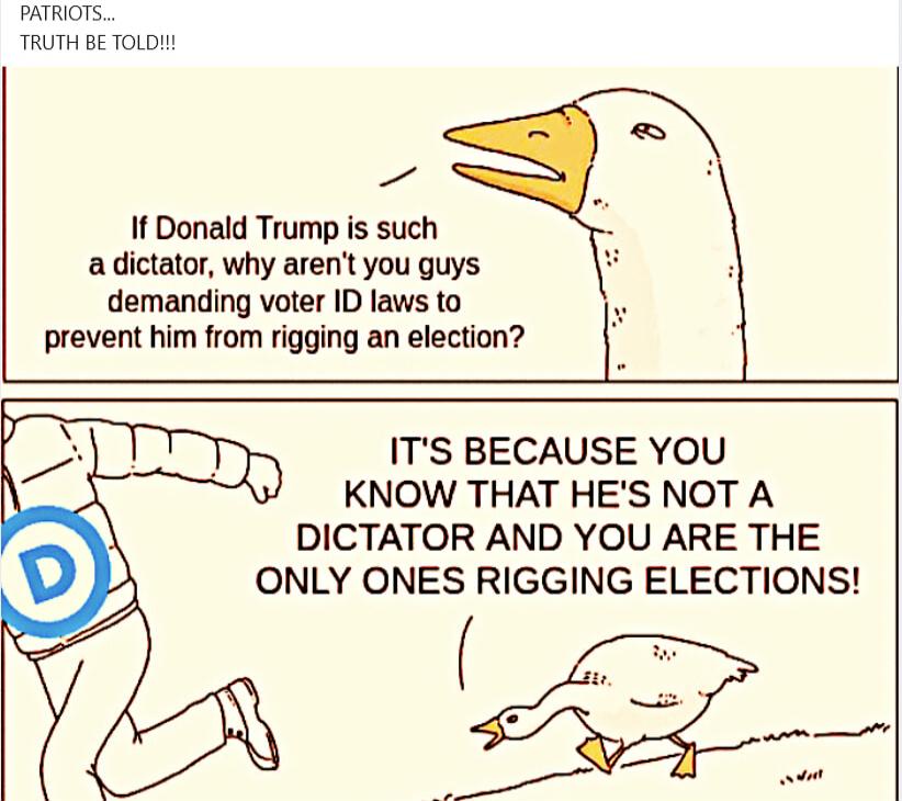 PATRIOTS... TRUTH BE TOLD!!!

If Donald Trump is such a dictator, why aren't you guys demanding voter ID laws to prevent him from rigging an election?

IT'S BECAUSE YOU KNOW THAT HE'S NOT A DICTATOR AND YOU ARE THE ONLY ONES RIGGING ELECTIONS!