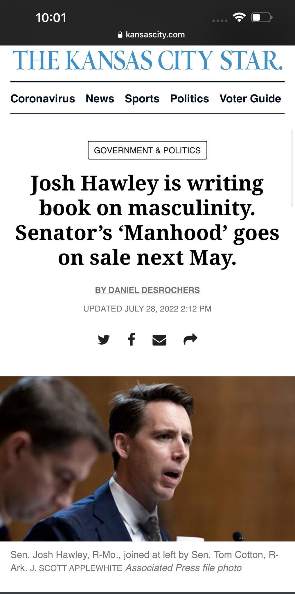 1001 kansascitycom Coronavirus News Sports Politics Voter Guide GOVERNMENT POLITICS Josh Hawley is writing book on masculinity Senators Manhood goes on sale next May BY DANIEL DESROCHERS