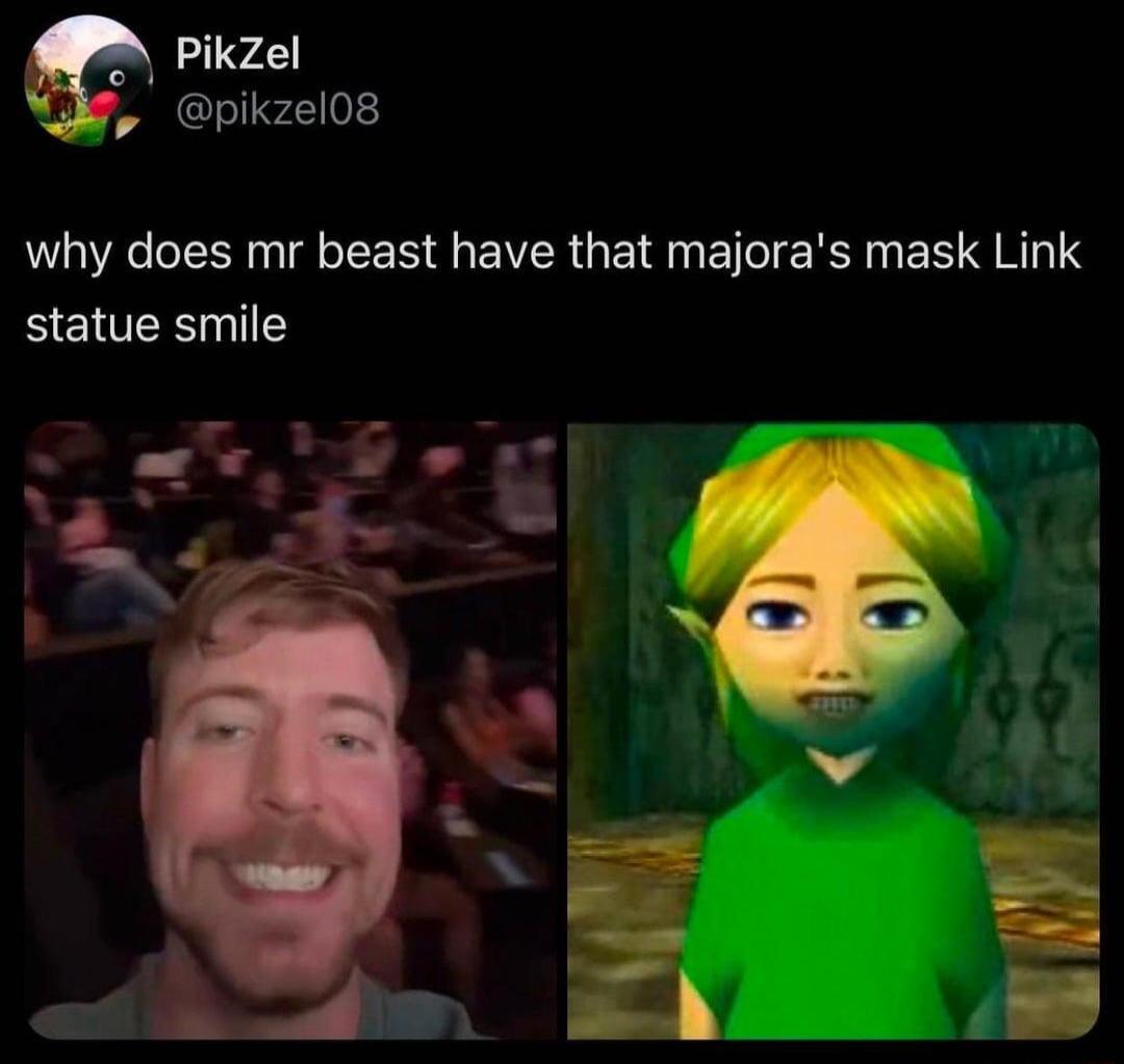 pikzel ly pikzel08 why does mr beast have that majoras mask Link statue smile