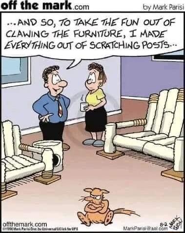 off the mark com oy Mark Parisi AND SO 70 TAKE THE FUN 0U7 OF CLAWING THE FORNTURE T MADE EVERTHING OUT OF SCRETCHING POSTS offthemark com 008 s P ot e sk AT