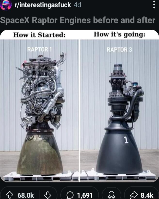 0 rinterestingasfuck 4d SpaceX Raptor Engines before and after How it Started How its going e e _ 680k G_ 1691 i