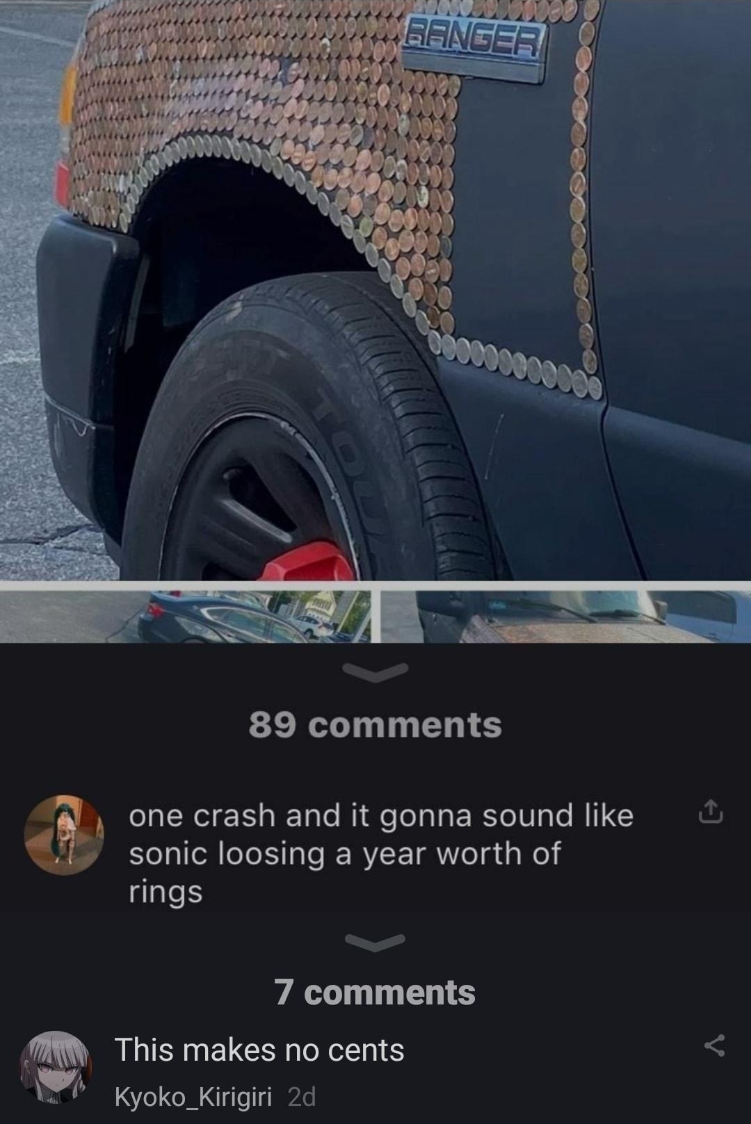 146 5 N FCaa featured o iasiniis B 89 comments one crash and it gonna sound like sonic loosing a year worth of rings 7 comments MM This makes no cents W kyoko_Kirigiri 2