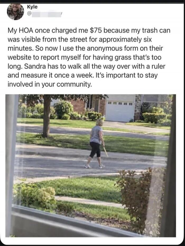 My HOA once charged me $75 because my trash can was visible from the street for approximately six minutes. So now I use the anonymous form on their website to report myself for having grass that's too long. Sandra has to walk all the way over with a ruler and measure it once a week. It's important to stay involved in your community.