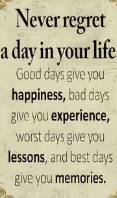 Never regret a day in your life. Good days give you happiness, bad days give you experience, worst days give you lessons, and best days give you memories.