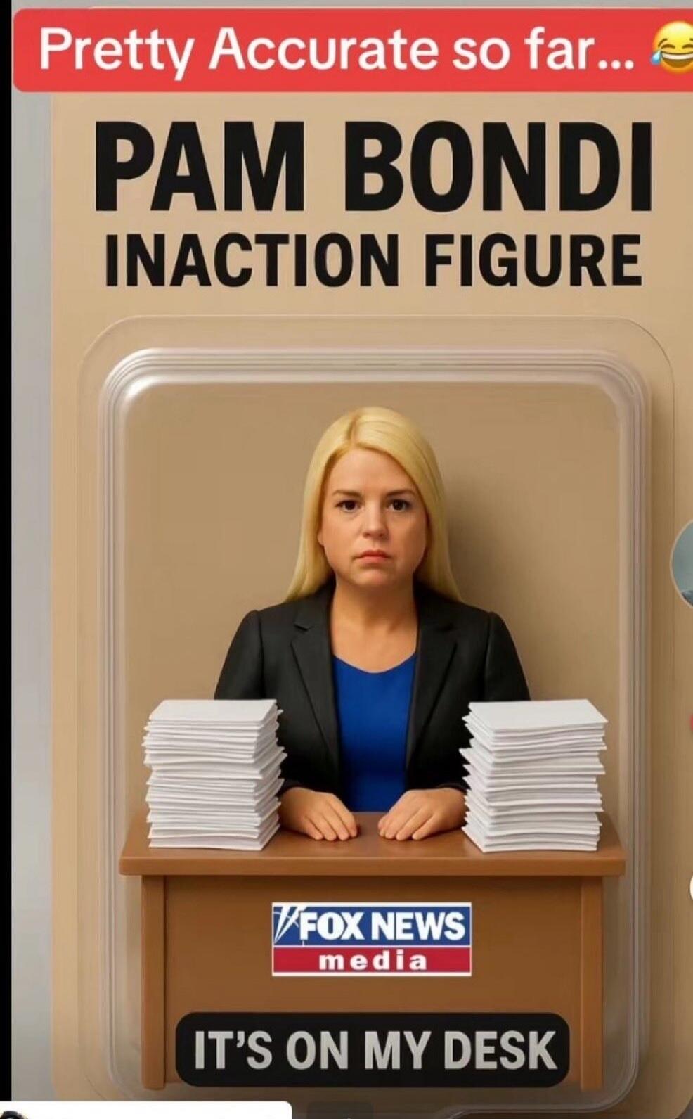 Pretty Accurate so far... PAM BONDI INACTION FIGURE IT'S ON MY DESK