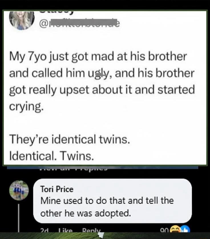 My 7yo just got mad at his brother and called him ugly, and his brother got really upset about it and started crying. They're identical twins. Identical. Twins. Mine used to do that and tell the other he was adopted.