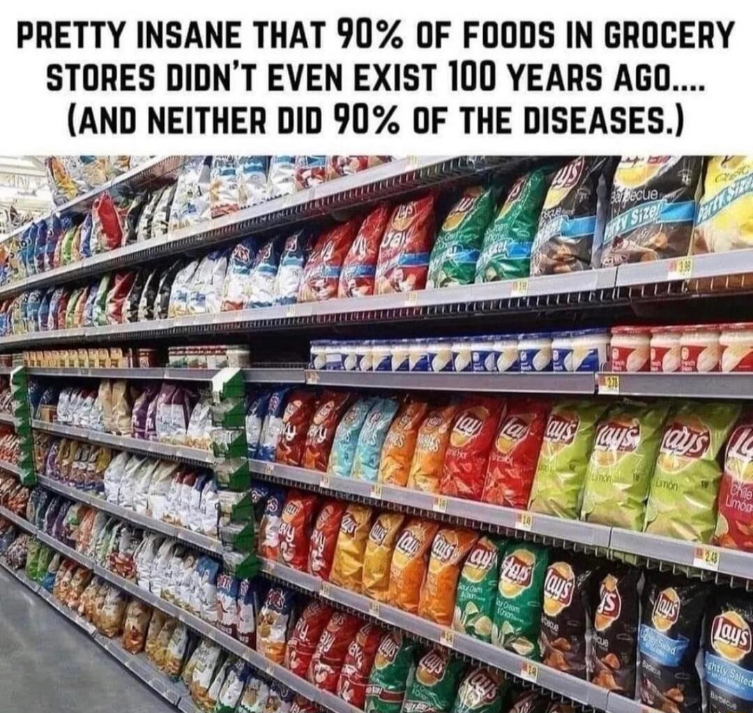PRETTY INSANE THAT 90 OF FOODS IN GROCERY STORES DIDNT EVEN EXIST 100 YEARS AGO AND NEITHER DII 90 OF THE DISEASES l