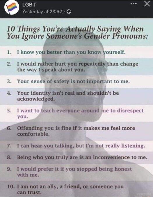 10 Things You resetually Saying When You Ignore Someones Gnder Pronouns 1 Tknow yoji Better than you know yourself 2 1would rather hurt you repeatedlyithan change the way I speak about you 3 Your sense of safety is ROUImpOFtant to me 4 Your identity isnt realand shouldnt be acknowledged ant to feach everyone around me to disrespect 6 Offending you is fine if it makes me feel more comfortable 7 1ca