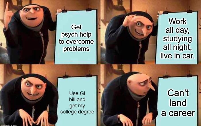 psych help to overcome problems Work all day studying all night live in car Cant land a career