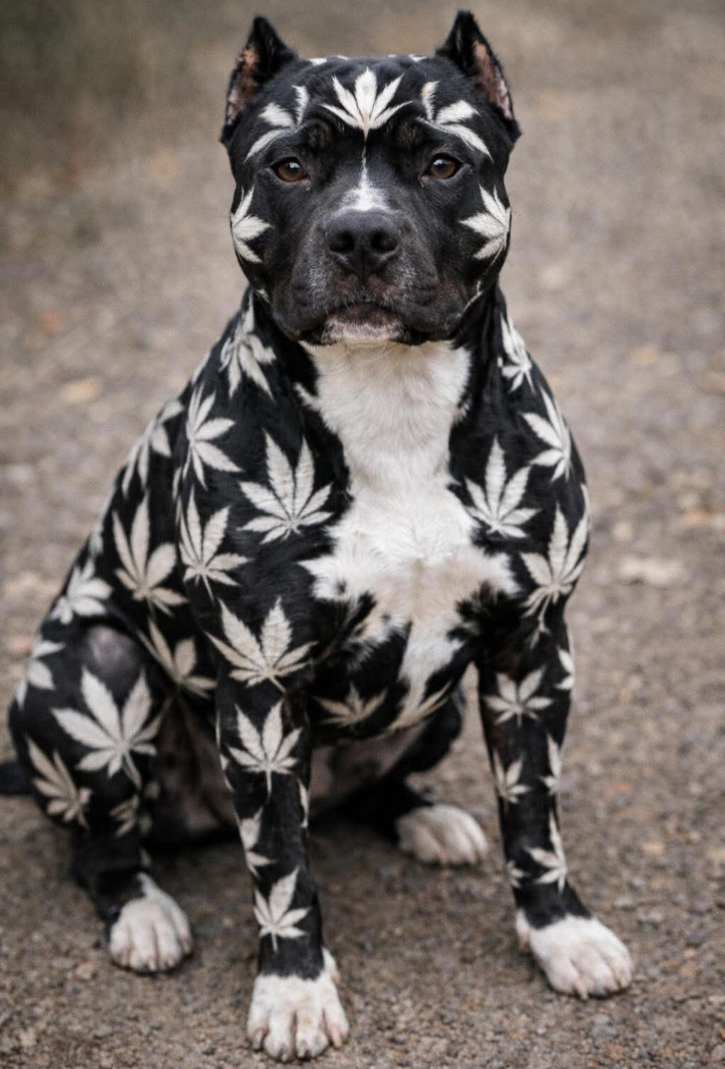 A black and white dog sits on a gravel surface, wearing a coat or body suit covered with large white cannabis leaf patterns.