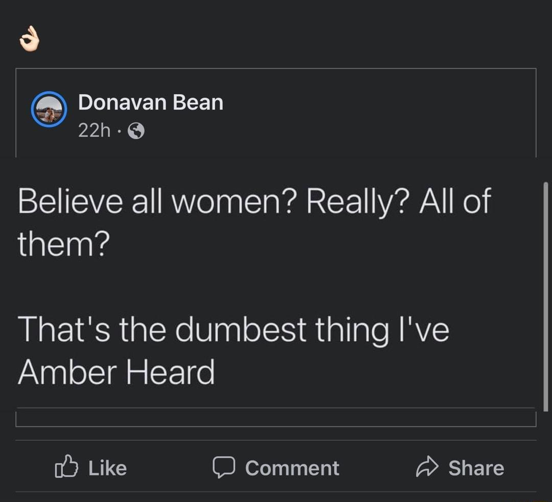 9 Donavan Bean 22h Q Believe all women Really All of them Thats the dumbest thing Ive Amber Heard oy Like J comment Share
