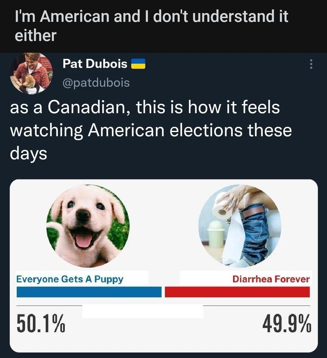 Home v Q 9 rWhitePeopleTwitter ExactlySo ireddt Im American and dont understand it either P Pat Dubois ws oo as a Canadian this is how it feels watching American elections these V 8 Everyone Gets A Puppy Diarrhea Forever 501 499 20k Q127 Share