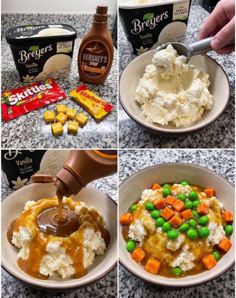 Breyers Vanilla Ice Cream, Hershey's Syrup, Skittles, Starburst. A bowl of vanilla ice cream is scooped. Hershey's syrup is poured over the ice cream. The ice cream with syrup is topped with green candies and orange square candies, resembling mashed potatoes with gravy, peas, and carrots.