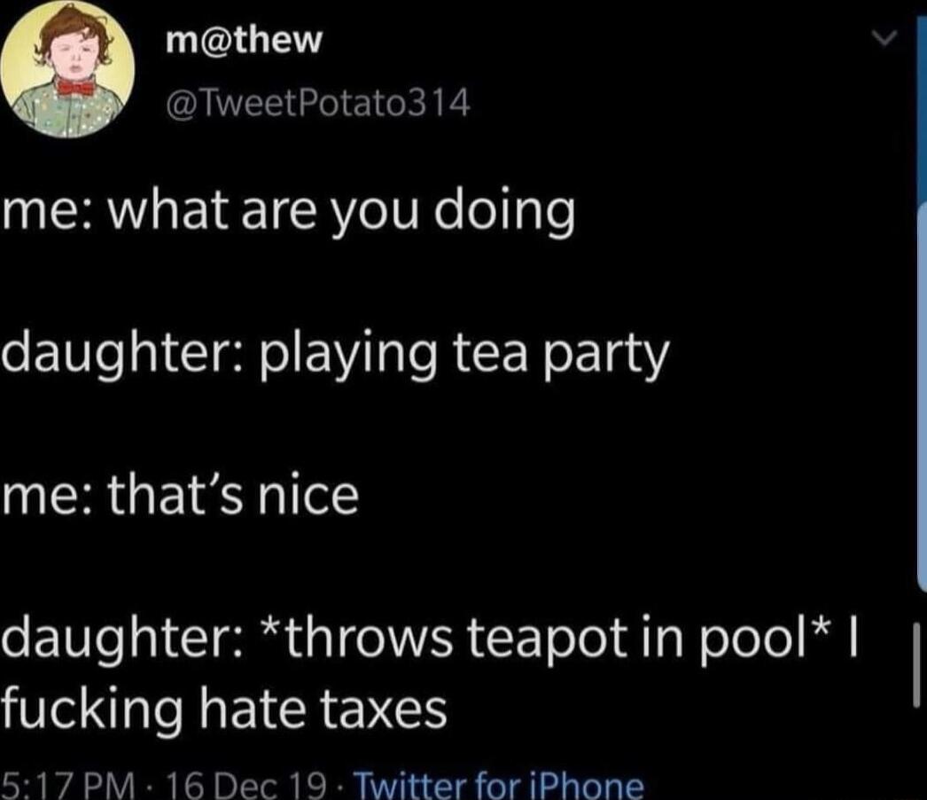mthew TweetPotato314 QR ETETCERY ol Ne o g6 daughter playing tea party me thats nice daughter throws teapot in pool l fucking hate taxes 517 PM 16 Dec 19 Twitter for iPhone