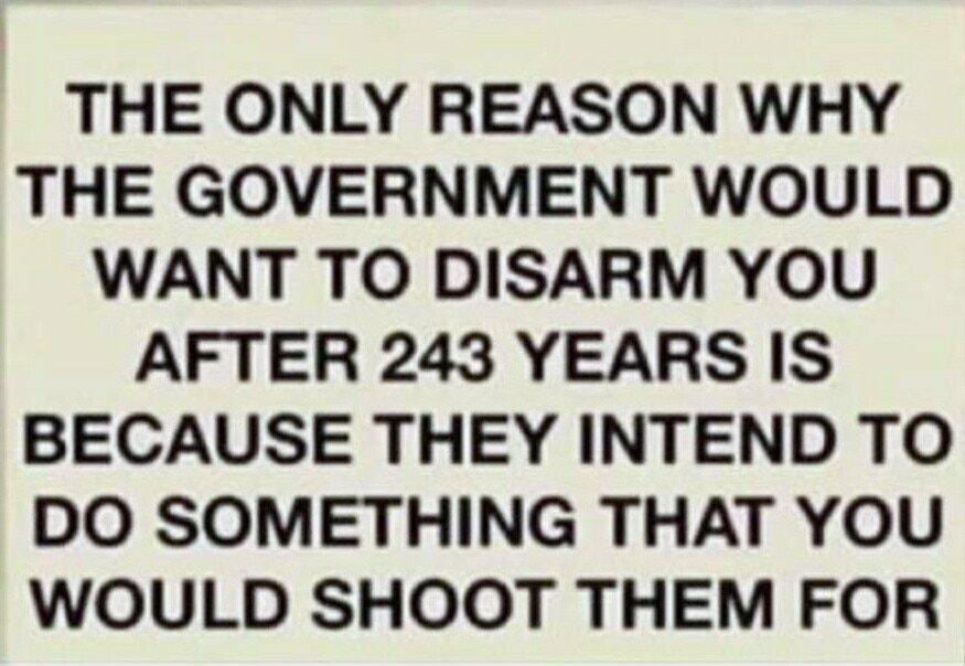 THE ONLY REASON WHY THE GOVERNMENT WOULD WANT TO DISARM YOU AFTER 243 YEARS IS BECAUSE THEY INTEND TO DO SOMETHING THAT YOU WOULD SHOOT THEM FOR