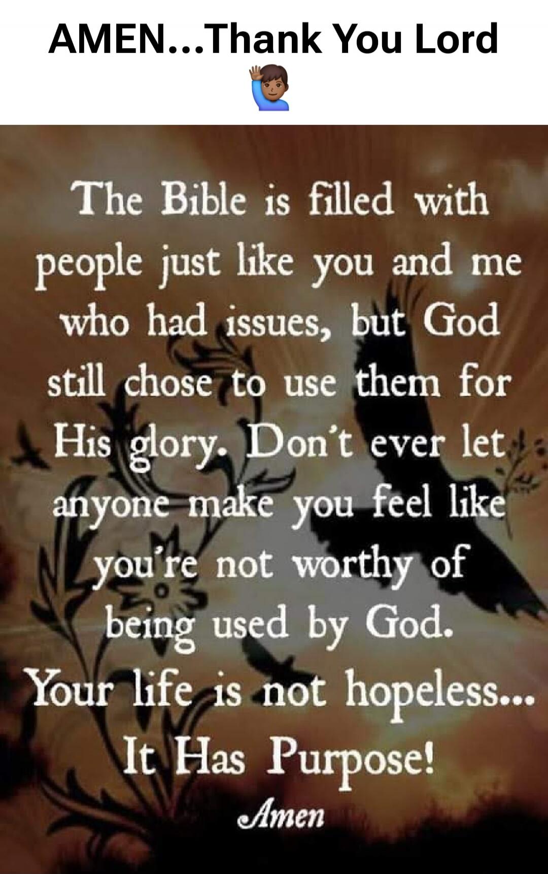 AMEN...Thank You Lord 🙋🏾‍♂️ The Bible is filled with people just like you and me who had issues, but God still chose to use them for His glory. Don't ever let anyone make you feel like you're not worthy of being used by God. Your life is not hopeless... It Has Purpose! Amen