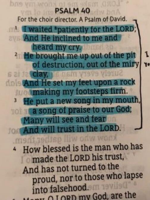 PSALM 40. For the choir director. A Psalm of David. I waited patiently for the LORD; And He inclined to me and heard my cry. He brought me up out of the pit of destruction, out of the miry clay, And He set my feet upon a rock making my footsteps firm. He put a new song in my mouth, a song of praise to our God; Many will see and fear And will trust 