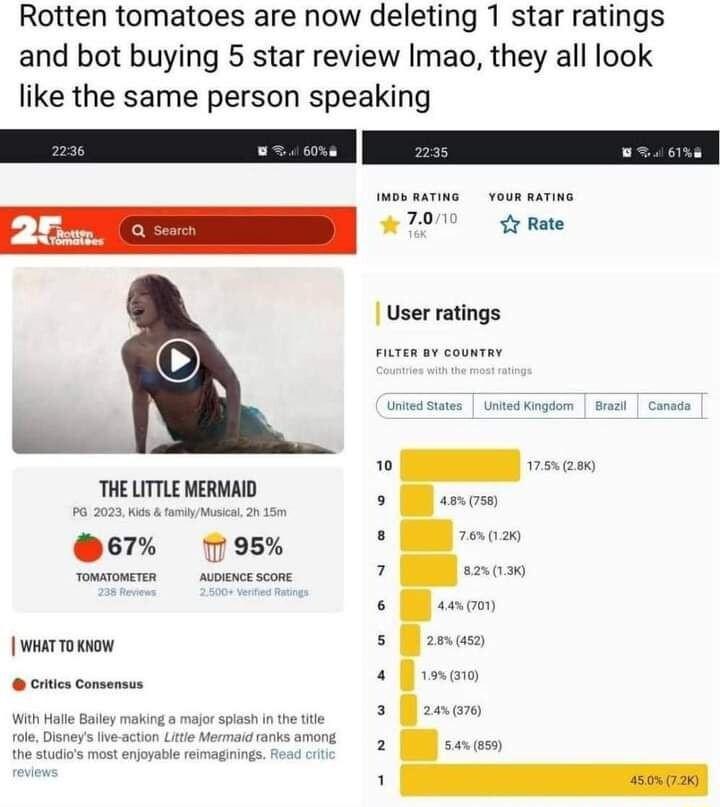 Rotten tomatoes are now deleting 1 star ratings and bot buying 5 star review Imao they all look like the same person speaking M THE LITTLE MERMAID 67 17 95 WHAT TO KNOW 70 1y Rate User ratings