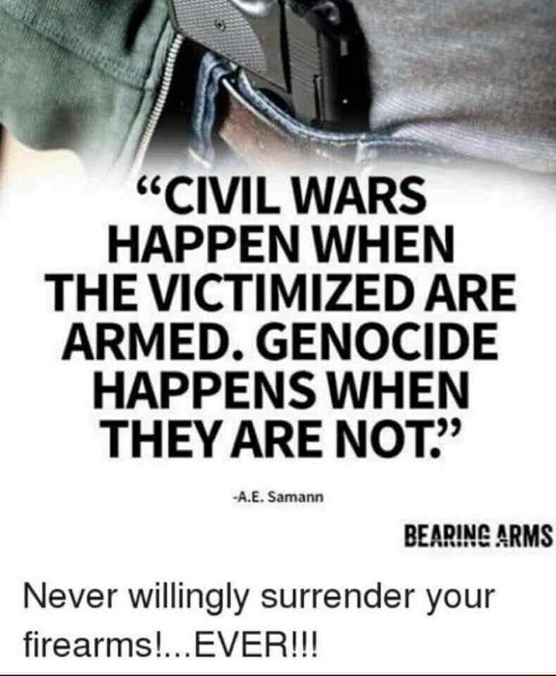 CIVIL WARS HAPPEN WHEN THE VICTIMIZED ARE ARMED GENOCIDE HAPPENS WHEN THEY ARE NOT AE Samann BEARING ARMS Never willingly surrender your firearmsEVER