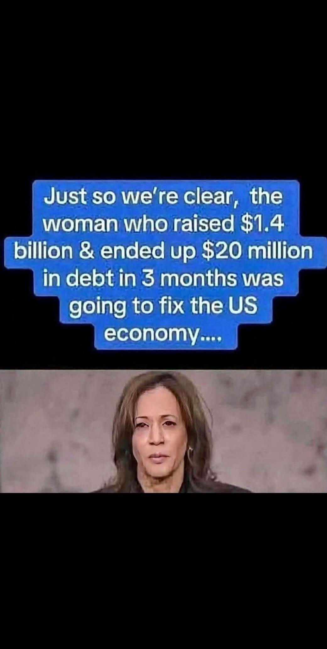 Just so we're clear, the woman who raised $1.4 billion & ended up $20 million in debt in 3 months was going to fix the US economy....