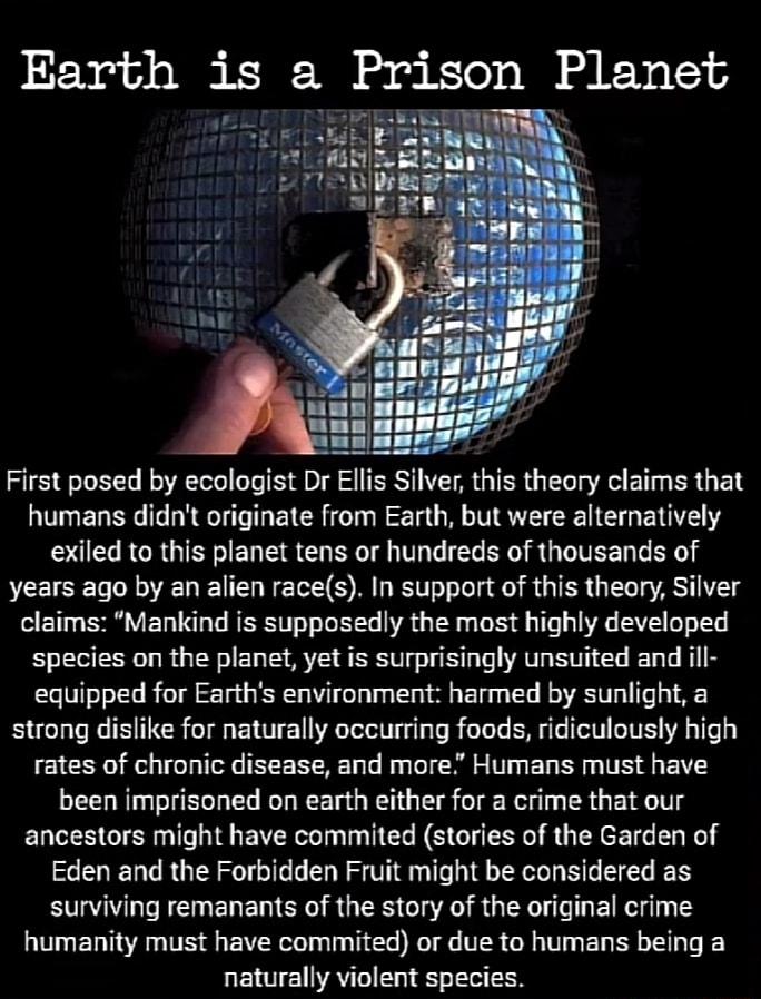 Earth 1s a Prlson Planet h First posed by ecologist Dr Ellis Silver this theory claims that humans didnt originate from Earth but were alternatively UL RCRGIEEIEN S CHER T 16 B AU IR Y1 years ago by an alien races In support of this theory Silver claims Mankind is supposedly the most highly developed species on the planet yet is surprisingly unsuited and ill equipped for Earths environment harmed 