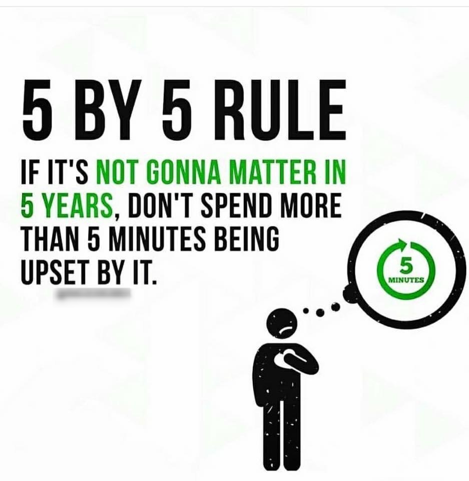 o BY 5 RULE IFITS NOT GONNA MATTER IN 9 YEARS DONT SPEND MORE _ THAN 5 MINUTES BEING _ UPSET BY IT e ce