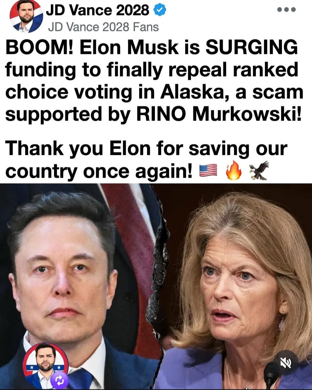 JD Vance 2028 JD Vance 2028 Fans BOOM! Elon Musk is SURGING funding to finally repeal ranked choice voting in Alaska, a scam supported by RINO Murkowski! Thank you Elon for saving our country once again!