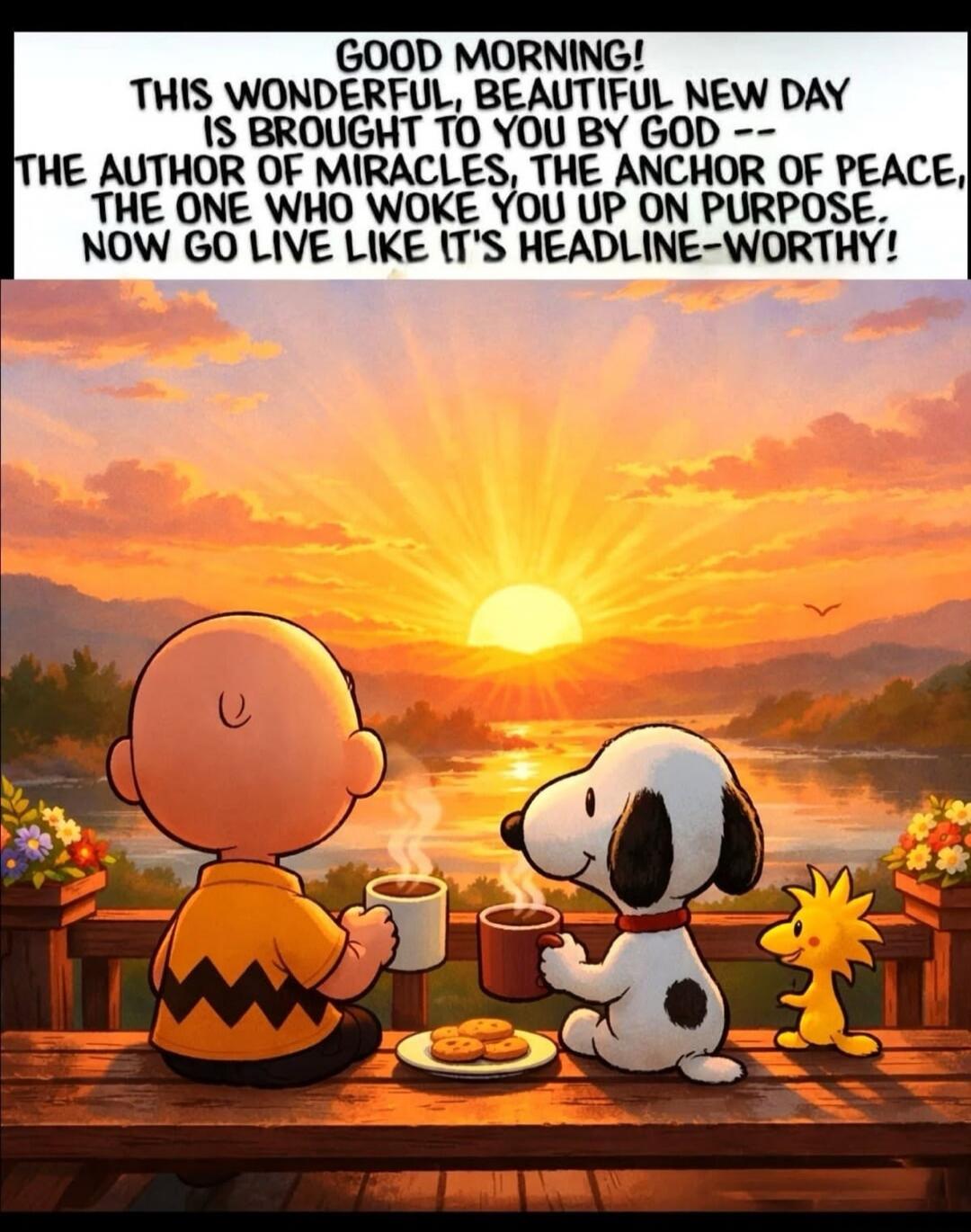 GOOD MORNING! THIS WONDERFUL, BEAUTIFUL NEW DAY IS BROUGHT TO YOU BY GOD -- THE AUTHOR OF MIRACLES, THE ANCHOR OF PEACE, THE ONE WHO WOKE YOU UP ON PURPOSE. NOW GO LIVE LIKE IT'S HEADLINE-WORTHY!